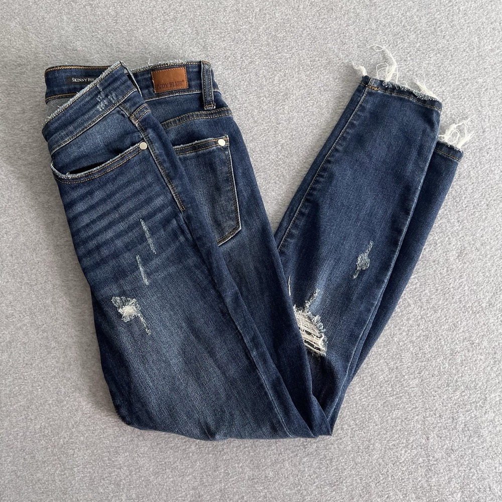 Judy Blue Jeans Womens 5/27 Destroyed Skinny Fit Dark Wash Blue Denim Whiskered